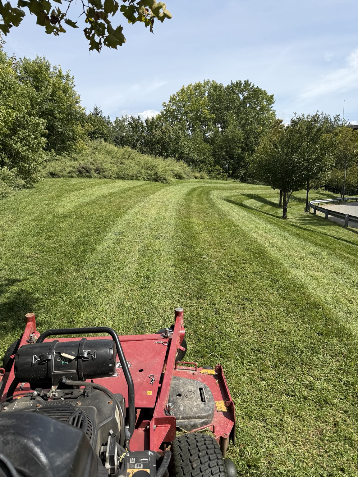 Mowed commercial hillside with clean lawn stripes